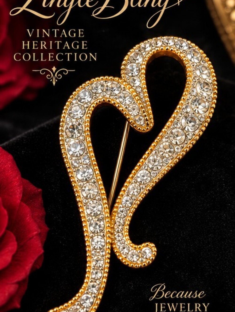 Vintage Rhinestone Statement Brooch Gold Tone Large Swirl Heart Pin